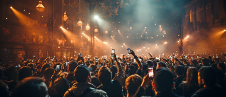 During a concert, a music fanclub member uses a mobile to record videos or transmit live content.の素材