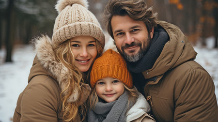 a young child and her parents are seated on a blanket in a winter park.の素材