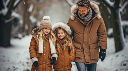 a young child and her parents are seated on a blanket in a winter park.の素材