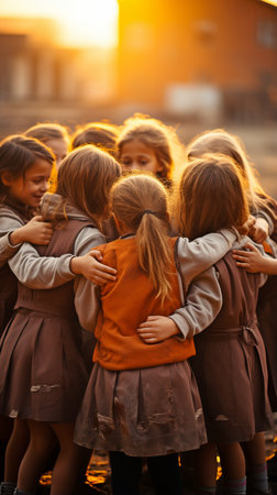 Children of all ages fold their hands in a circle while tuning up and fostering team spirit.の素材