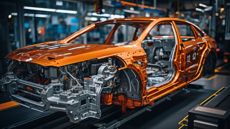 modern car assembly plant with a welding production line for automobiles,の素材