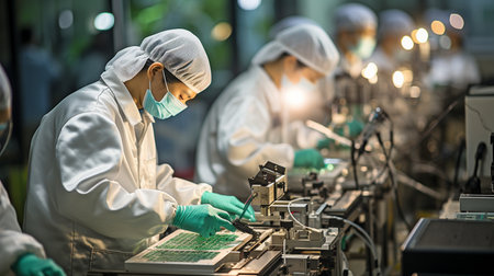 TV sets are being produced by factory workers on a green assembly line in white lab coats and face masks.の素材
