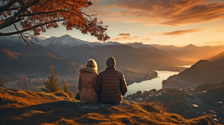 elderly couple cuddling while gazing over mountains,の素材
