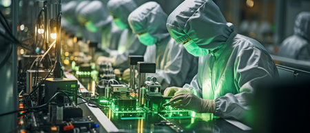 TV sets are being produced by factory workers on a green assembly line in white lab coats and face masks.の素材