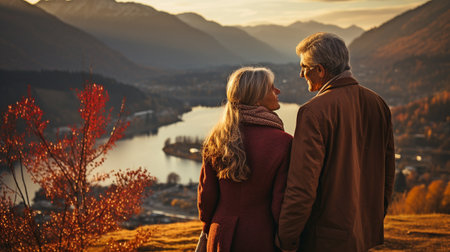 elderly couple cuddling while gazing over mountains,の素材