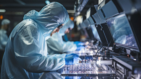 A Caucasian industrial worker inspects manufacturing machine readings while wearing a blue lab coat.の素材