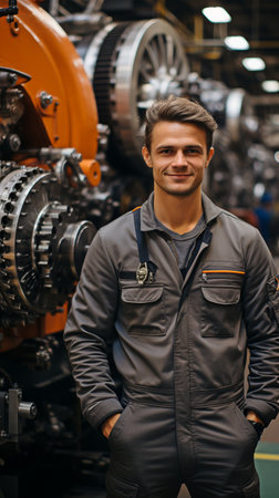 A factory worker is standing next to a steel manufacturing equipment.の素材