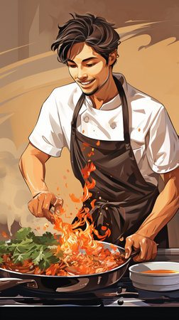 professional food cooking workflow: guy character chef making dinner,の素材