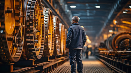 A factory worker is standing next to a steel manufacturing equipment.の素材