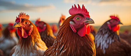 Several chickens are arranged in a row.の素材