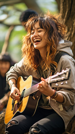 friends having fun together while singing in a park,の素材