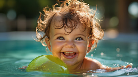 Swimming in the pool is a young boy wearing a large bright green rubber ring.の素材