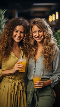 Friends in the background holding juiceの素材