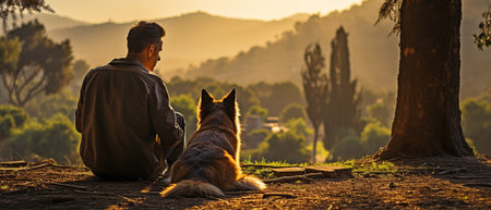 Rear view of a senior biracial man sitting on a seat with a dog lying in the park's grass next to some treesの素材