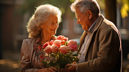 On a lovely day, an elderly man presents his wife with flowers in a park.の素材