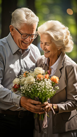 On a lovely day, an elderly man presents his wife with flowers in a park.の素材