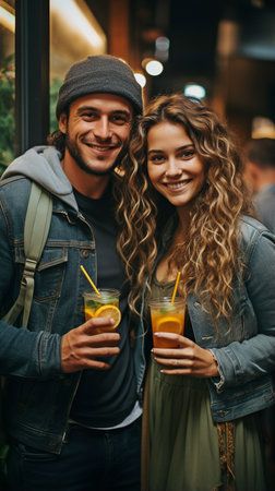 Friends in the background holding juiceの素材