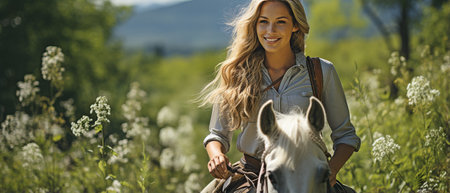woman in the countryside riding a horse,の素材