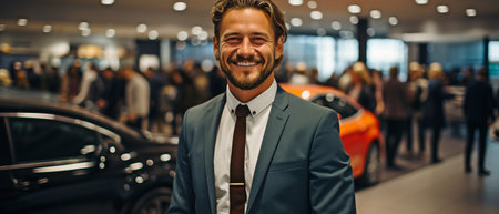A young, attractive man in a car showroom makes his selection.の素材