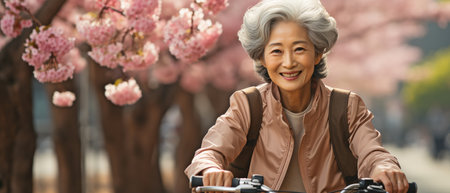 Senior Asian woman on a bicycle in a park, attractiveの素材