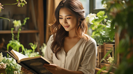 Stunning young Asian woman on balcony, reading,の素材