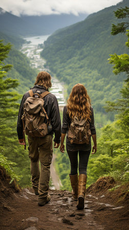 a couple of tourists in the mountain's forestの素材