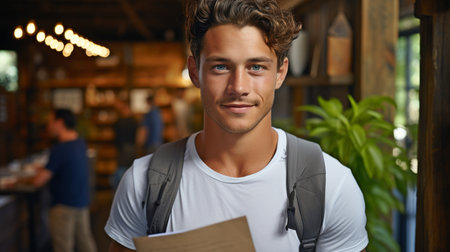 attractive student carrying notepads while grinningの素材