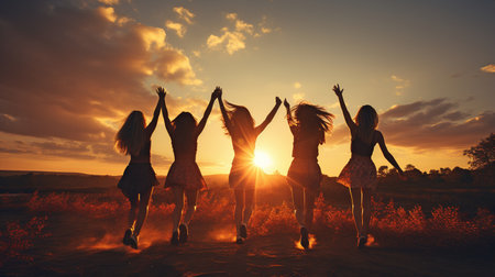shadows of smiling friends jumping in the sunsetの素材