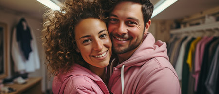 An affectionate African American couple poses for a selfie in the laundry room while smiling and hugging each other.の素材