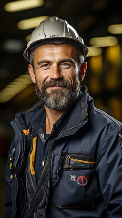 a male engineer who works with metal in an industrial setting and wears a hard helmet,の素材