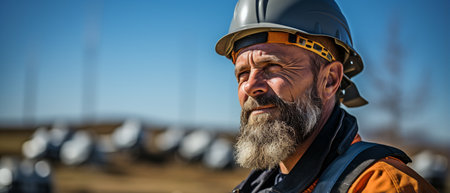Engineer in charge of wind turbine maintenance at a wind farm construction siteの素材