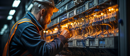 Man performing electrical work in a fused switchboard.の素材