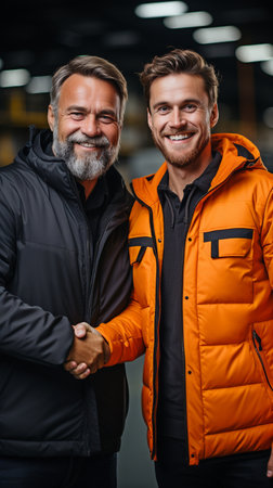 Engineer or industrial warehouse worker shaking hands in safety suite to commemorate a transaction or logistical commitmentの素材