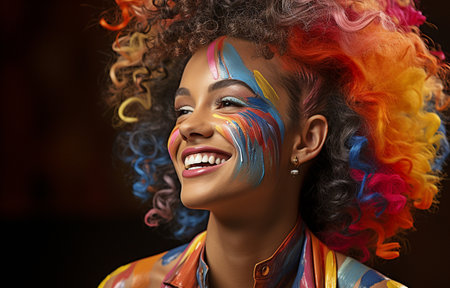 A black woman draws a rainbow on her face and smiles at the camera.の素材