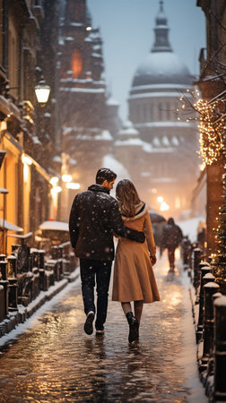 a bride and groom strolling in a snowy European city,の素材