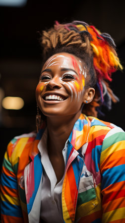 A black woman draws a rainbow on her face and smiles at the camera.の素材