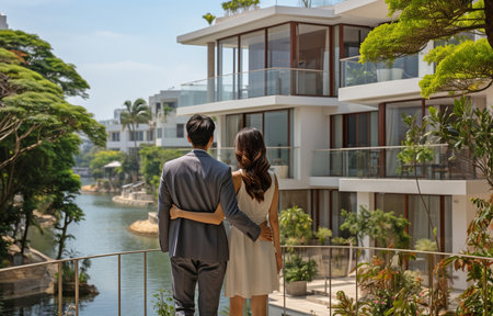 young Asian couple in back, holding hands and gazing at contemporary homeの素材