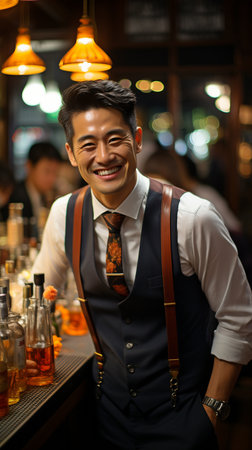 At his own bar, the stylish and content proprietor is preparing special drinks for his clients.の素材