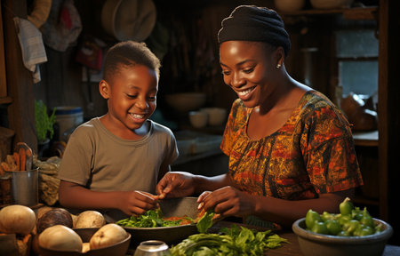 Sons and mothers cooking in the kitchen.の素材