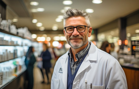 a focused chemist indicating a drug while on the phoneの素材
