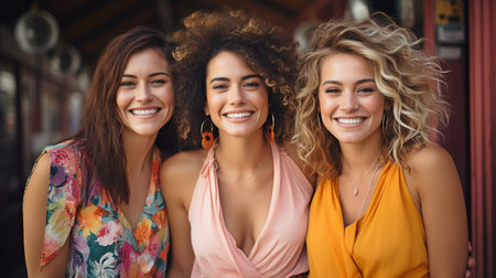 a middle-aged queer woman celebrating International Women's Day with her multiracial female palsの素材