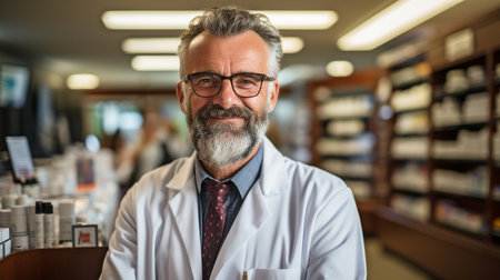 a focused chemist indicating a drug while on the phoneの素材