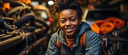 Portrait of a non-binary individual working on a vehicle in an auto shopの素材