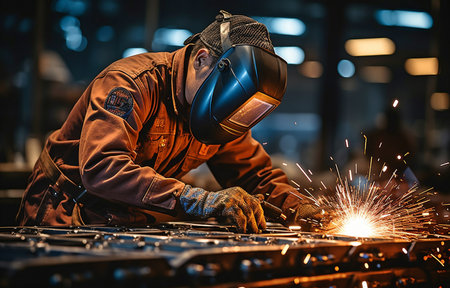 Metal construction welding at a busy metal factoryの素材