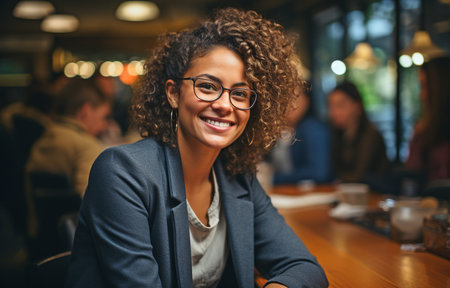 A picture of a middle-aged, multiracial LGBTQ entrepreneur listening to female coworkers in a boardroomの素材