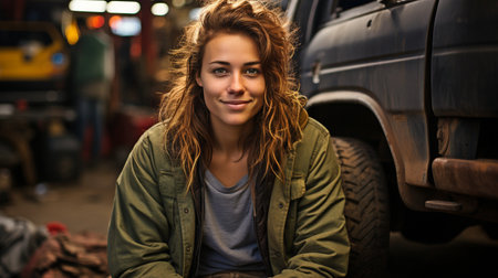Portrait of a non-binary individual working on a vehicle in an auto shopの素材