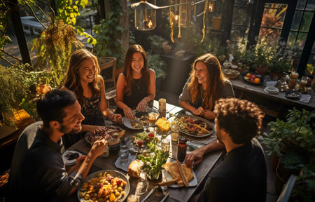 Friends enjoying food together in a wide-angle overhead image at an outdoor restaurant.の素材