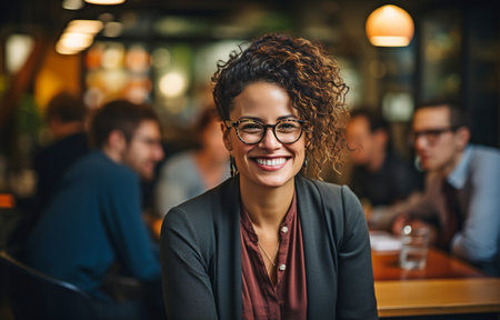 A picture of a middle-aged, multiracial LGBTQ entrepreneur listening to female coworkers in a boardroomの素材