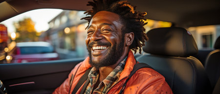 Gay couple in car, smilingの素材