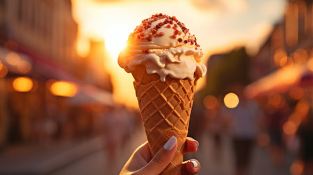 Woman enjoying an ice cream cone on a city street at sunset in the summer.の素材